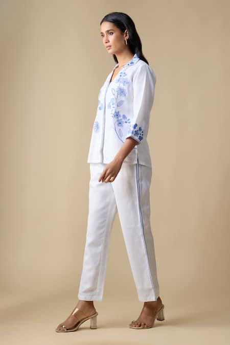 Linera_White Linen Embroidery Collared, V-neck Floral Shirt And Trouser Set _Online_at_Aza_Fashions