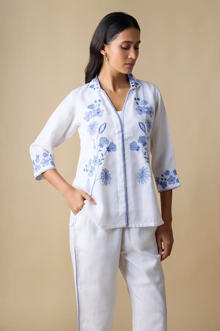 Buy_Linera_White Linen Embroidery Collared, V-neck Floral Shirt And Trouser Set _Online_at_Aza_Fashions