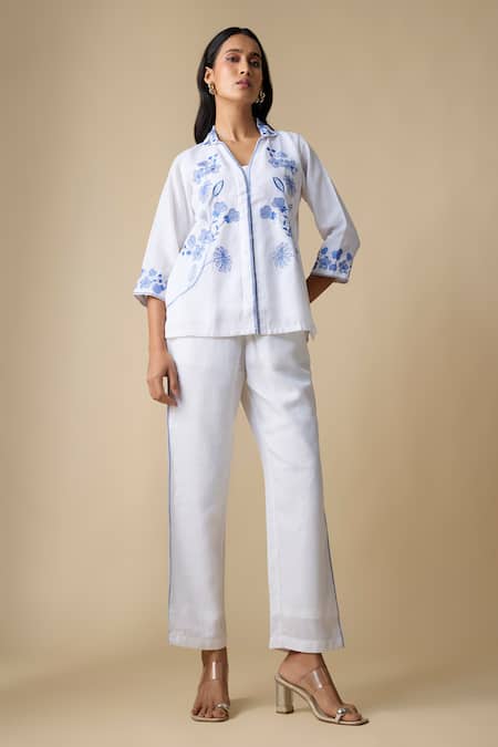 Shop_Linera_White Linen Embroidery Collared, V-neck Floral Shirt And Trouser Set _Online_at_Aza_Fashions