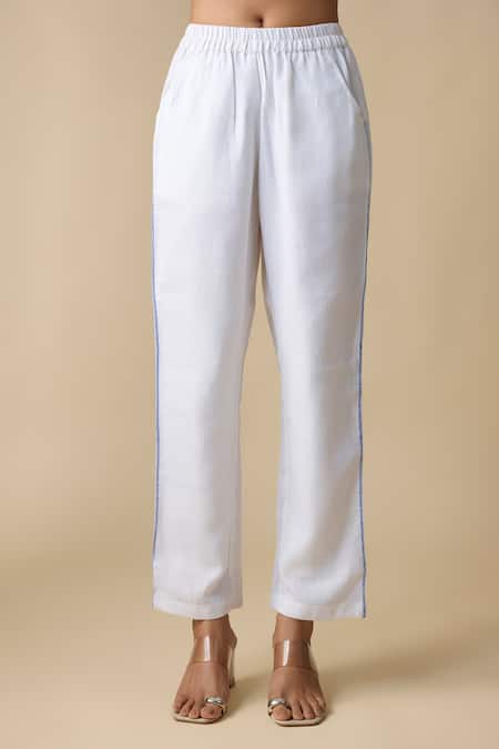 Linera_White Linen Embroidery Collared, V-neck Floral Shirt And Trouser Set _at_Aza_Fashions