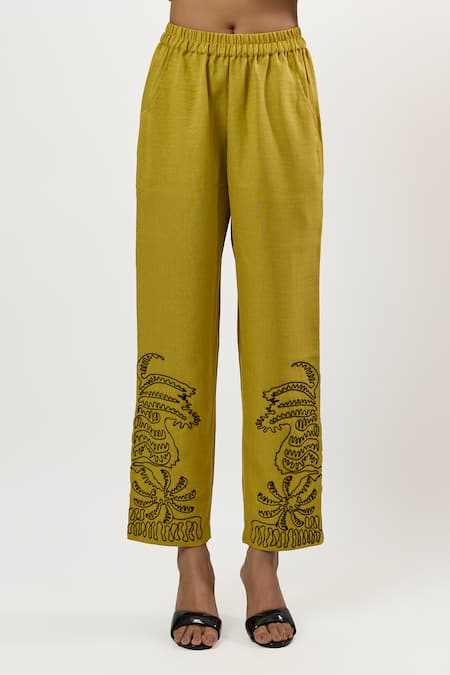 Linera_Yellow Linen Embroidery Collared, V-neck Shirt And Pant Set _Online_at_Aza_Fashions