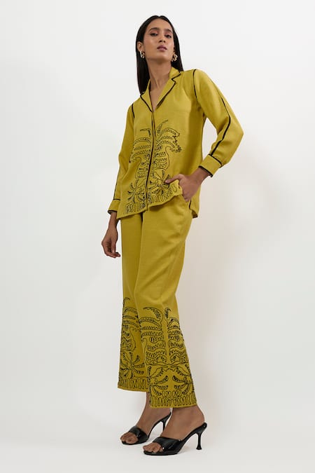Shop_Linera_Yellow Linen Embroidery Collared, V-neck Shirt And Pant Set _Online_at_Aza_Fashions