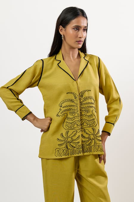Linera_Yellow Linen Embroidery Collared, V-neck Shirt And Pant Set _at_Aza_Fashions