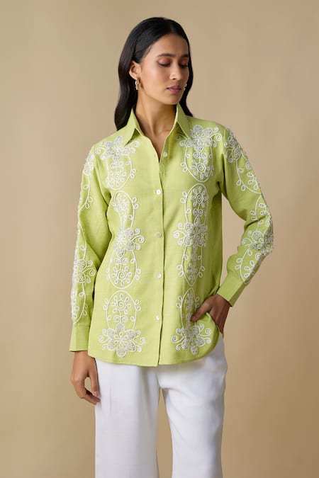 Linera_Green Linen Embroidery Collared Turkish Shirt And Pant Set _Online_at_Aza_Fashions