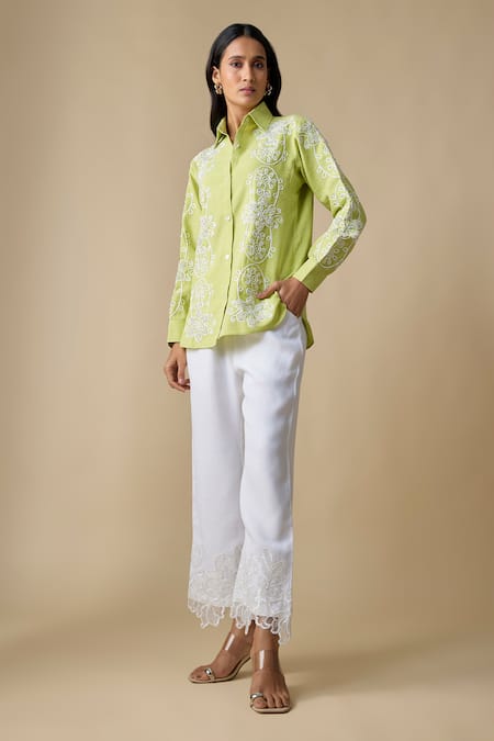 Buy_Linera_Green Linen Embroidery Collared Turkish Shirt And Pant Set _Online_at_Aza_Fashions