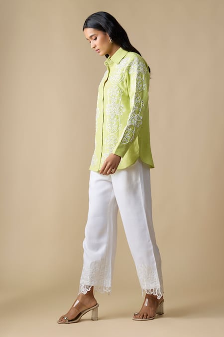 Shop_Linera_Green Linen Embroidery Collared Turkish Shirt And Pant Set _Online_at_Aza_Fashions