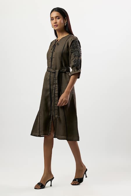 Linera_Olive Green Linen Embroidery Split V-neck Sleeve Belted Midi Dress _Online_at_Aza_Fashions