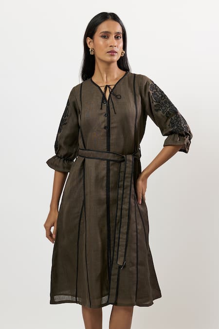 Buy_Linera_Olive Green Linen Embroidery Split V-neck Sleeve Belted Midi Dress _Online_at_Aza_Fashions