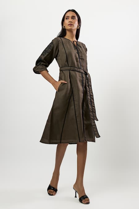 Shop_Linera_Olive Green Linen Embroidery Split V-neck Sleeve Belted Midi Dress _Online_at_Aza_Fashions