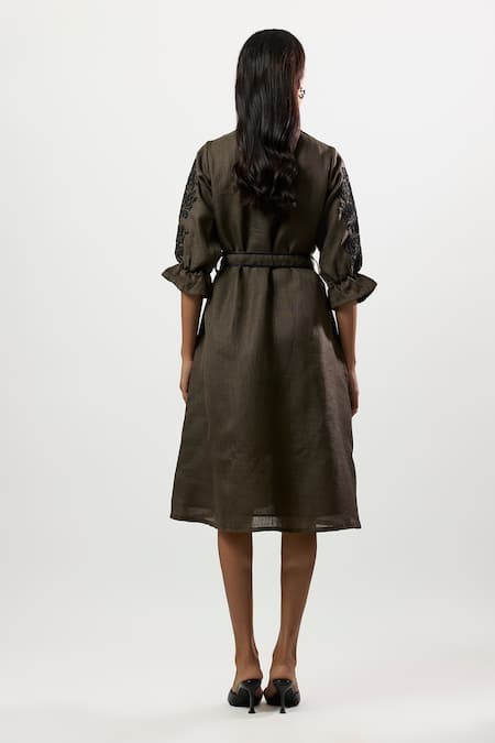 Linera Embroidered Sleeve Belted Midi Dress 