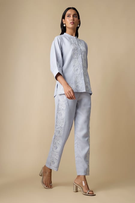 Linera_Blue Linen Embroidery Mandarin Collar, Band Shirt And Trouser Set _Online_at_Aza_Fashions
