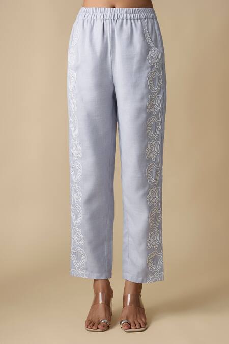 Linera_Blue Linen Embroidery Mandarin Collar, Band Shirt And Trouser Set _at_Aza_Fashions