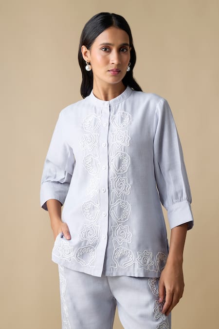 Buy_Linera_Blue Linen Embroidery Mandarin Collar, Band Shirt And Trouser Set 