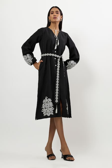 Linera_Black Linen Embroidery, Tassels V-neck Turkish Midi Dress _Online_at_Aza_Fashions