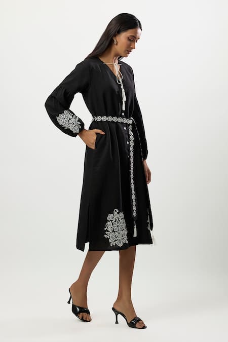 Buy_Linera_Black Linen Embroidery, Tassels V-neck Turkish Midi Dress _Online_at_Aza_Fashions