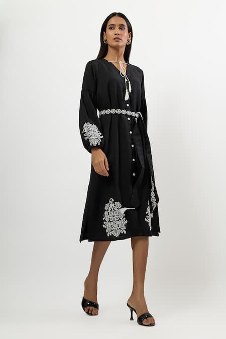 Shop_Linera_Black Linen Embroidery, Tassels V-neck Turkish Midi Dress _Online_at_Aza_Fashions