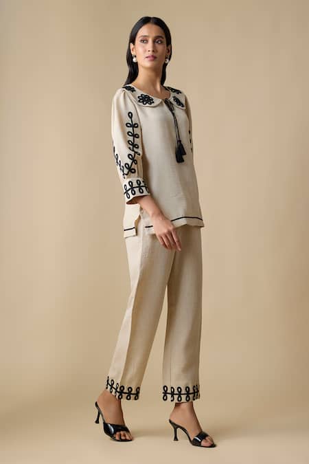 Linera_Beige Linen Embroidery Collared Long Top With Pant _Online_at_Aza_Fashions