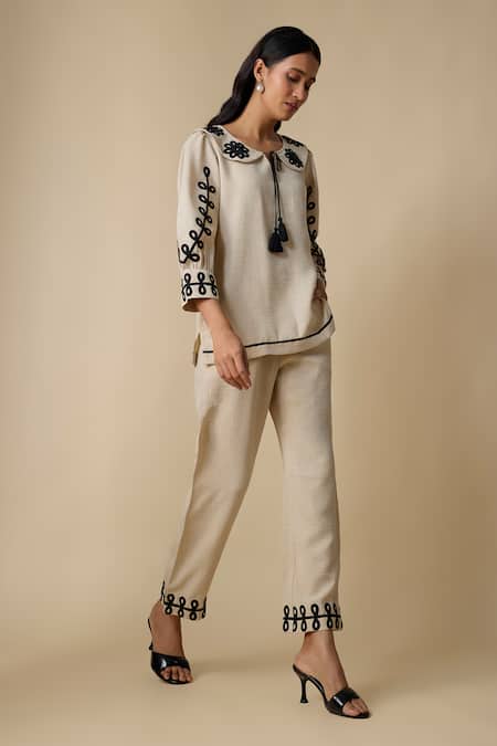 Buy_Linera_Beige Linen Embroidery Collared Long Top With Pant _Online_at_Aza_Fashions