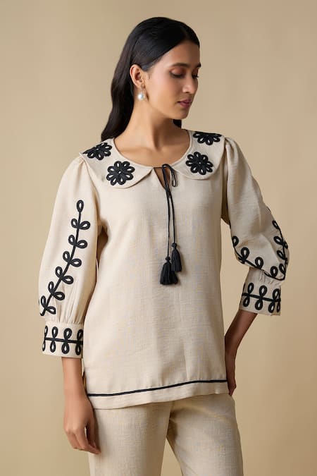 Shop_Linera_Beige Linen Embroidery Collared Long Top With Pant _Online_at_Aza_Fashions