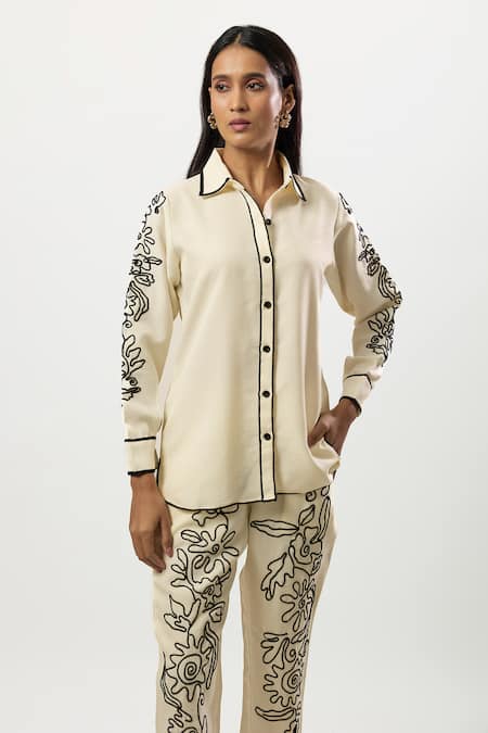 Linera_Off White Linen Embroidery Collared Contrast Shirt With Pant _Online_at_Aza_Fashions