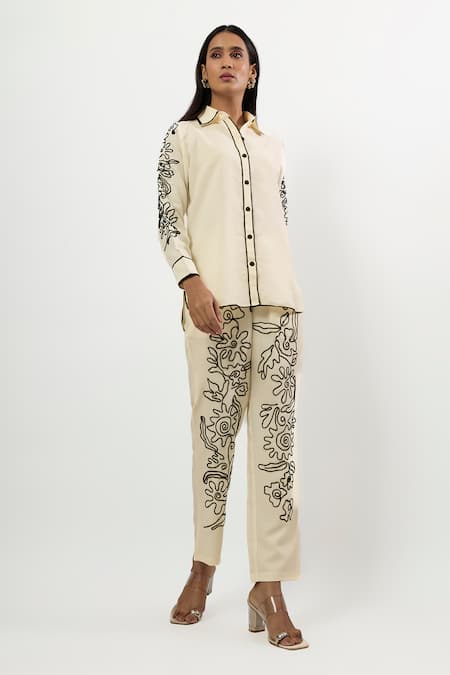 Buy_Linera_Off White Linen Embroidery Collared Contrast Shirt With Pant _Online_at_Aza_Fashions