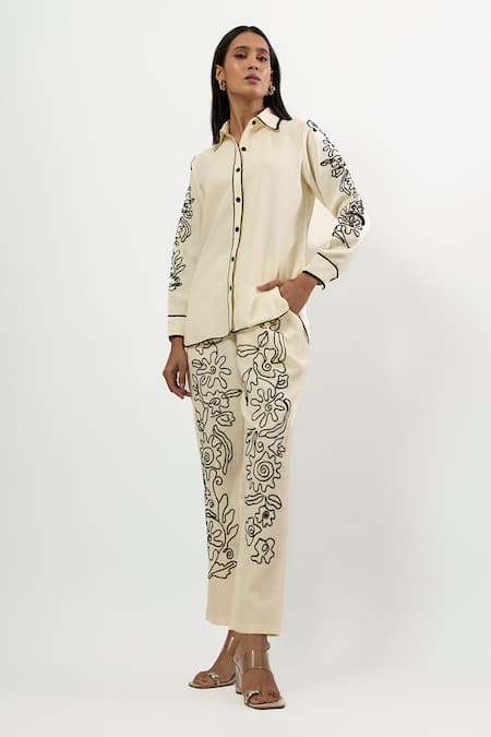 Shop_Linera_Off White Linen Embroidery Collared Contrast Shirt With Pant _Online_at_Aza_Fashions