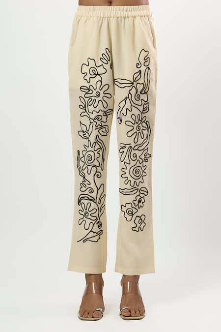Linera_Off White Linen Embroidery Collared Contrast Shirt With Pant _at_Aza_Fashions