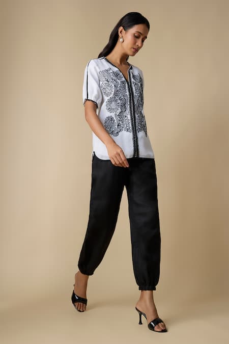 Linera_White Linen Embroidery V-neck Contrast Shirt With Pant _Online_at_Aza_Fashions