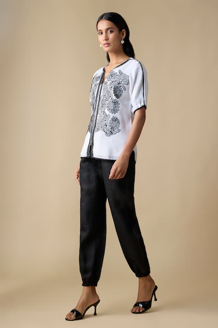 Buy_Linera_White Linen Embroidery V-neck Contrast Shirt With Pant _Online_at_Aza_Fashions