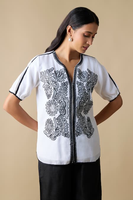Linera_White Linen Embroidery V-neck Contrast Shirt With Pant _at_Aza_Fashions