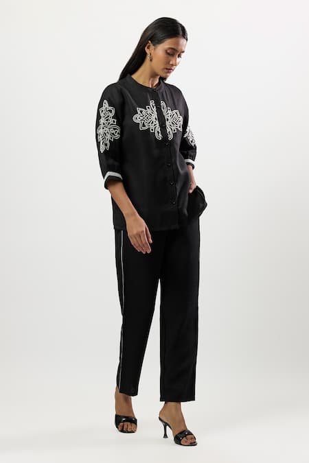 Linera_Black Linen, Cotton Embroidery, Piping Mandarin Collar Blend Shirt And Pant Set _Online_at_Aza_Fashions