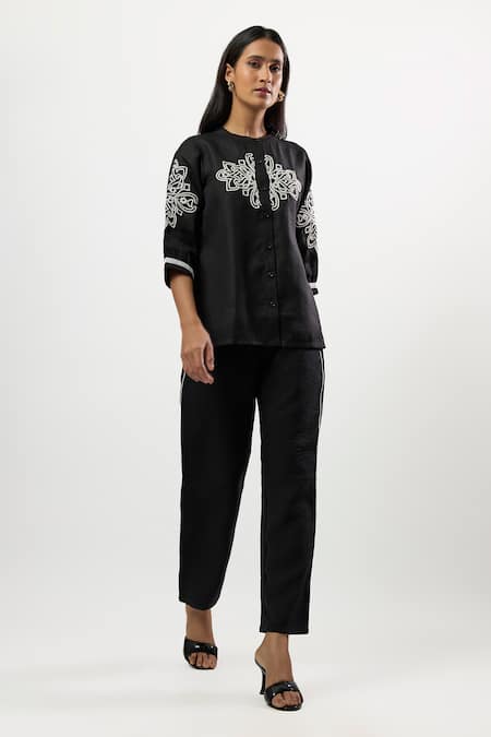 Buy_Linera_Black Linen, Cotton Embroidery, Piping Mandarin Collar Blend Shirt And Pant Set _Online_at_Aza_Fashions