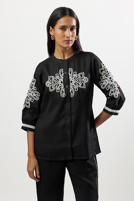 Shop_Linera_Black Linen, Cotton Embroidery, Piping Mandarin Collar Blend Shirt And Pant Set _Online_at_Aza_Fashions