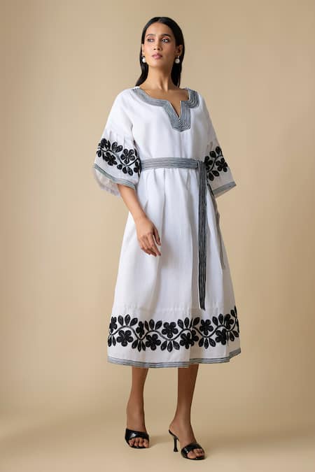 Linera_White Linen Embroidery Split V-neck Midi Dress _Online_at_Aza_Fashions
