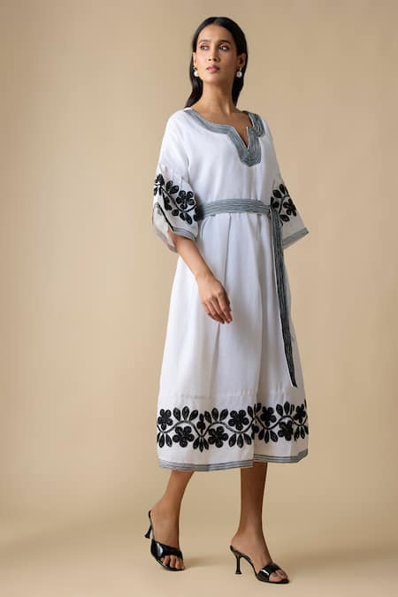 Buy_Linera_White Linen Embroidery Split V-neck Midi Dress _Online_at_Aza_Fashions