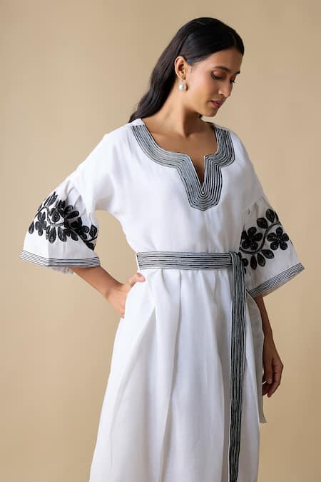 Shop_Linera_White Linen Embroidery Split V-neck Midi Dress _Online_at_Aza_Fashions