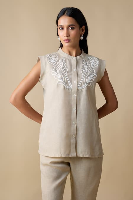 Linera_Beige Linen Embroidery Mandarin Collar Waistcoat And Pant Set _Online_at_Aza_Fashions