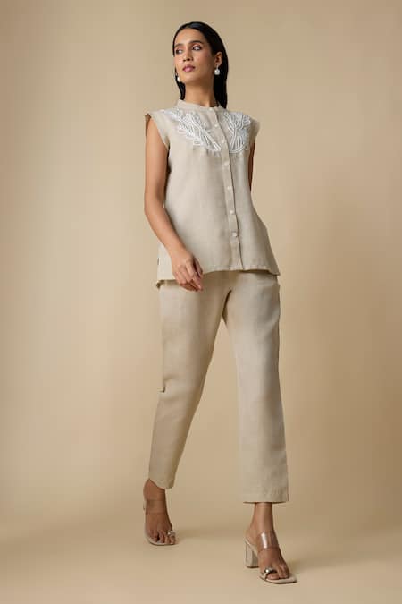 Buy_Linera_Beige Linen Embroidery Mandarin Collar Waistcoat And Pant Set _Online_at_Aza_Fashions