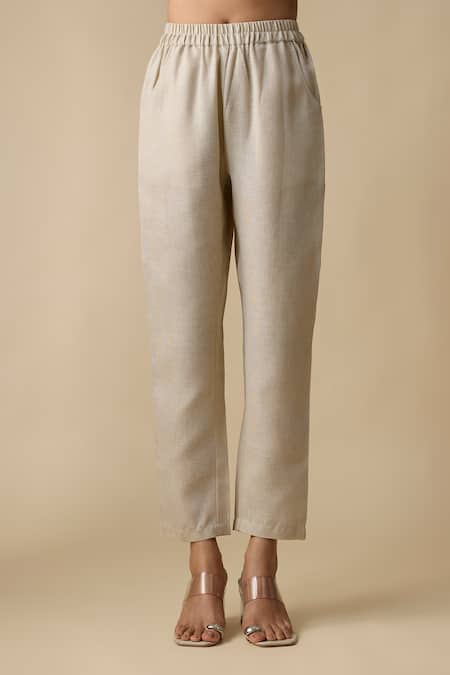 Shop_Linera_Beige Linen Embroidery Mandarin Collar Waistcoat And Pant Set _Online_at_Aza_Fashions