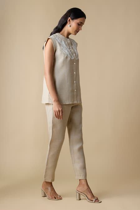 Linera_Beige Linen Embroidery Mandarin Collar Waistcoat And Pant Set _at_Aza_Fashions