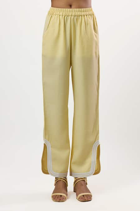 Linera_Yellow Linen Embroidery Collared Turkish Shirt And Pant Set _Online_at_Aza_Fashions