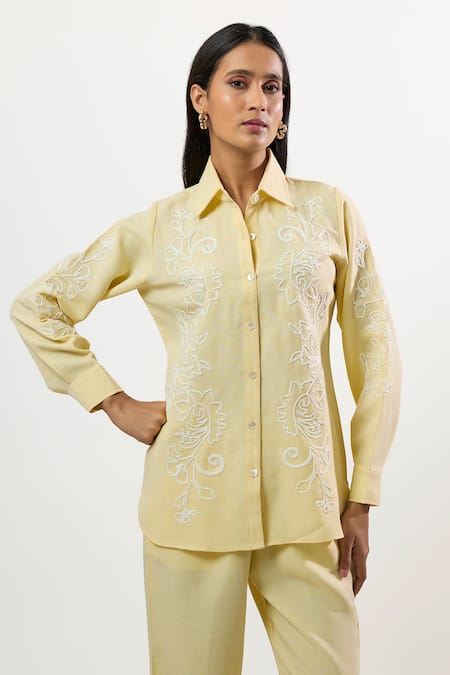 Shop_Linera_Yellow Linen Embroidery Collared Turkish Shirt And Pant Set _Online_at_Aza_Fashions