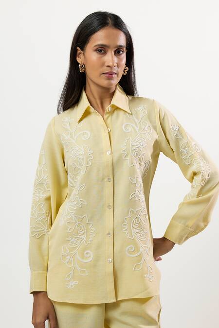 Linera_Yellow Linen Embroidery Collared Turkish Shirt And Pant Set _at_Aza_Fashions