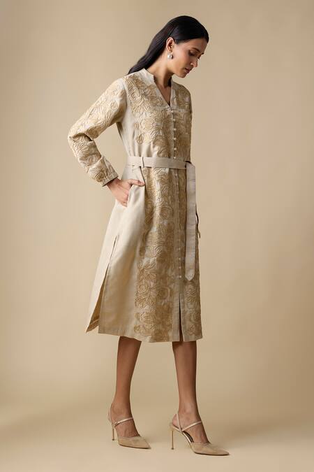 Buy_Linera_Beige Linen Embroidery V-neck, Mandarin Collar Midi Dress _Online_at_Aza_Fashions