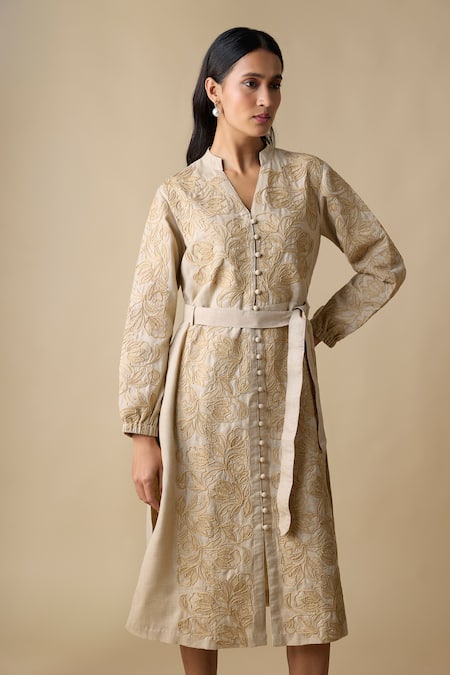 Shop_Linera_Beige Linen Embroidery V-neck, Mandarin Collar Midi Dress _Online_at_Aza_Fashions