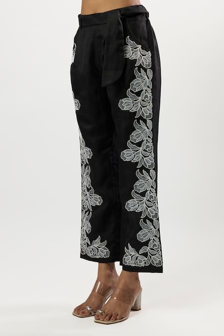 Linera_White Linen Embroidery Collared Shirt And Pant Set _Online_at_Aza_Fashions