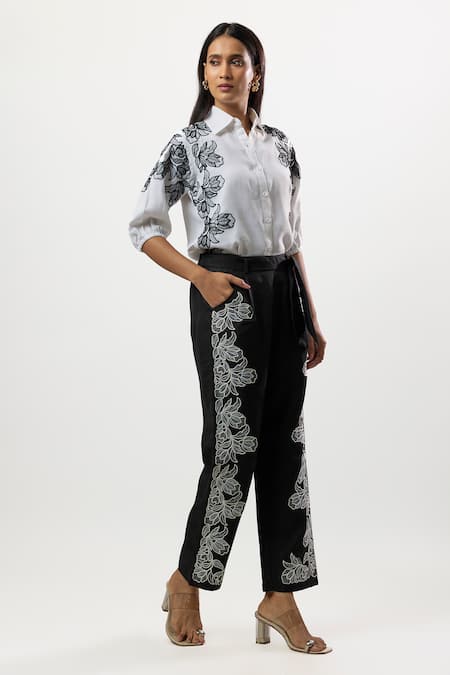 Buy_Linera_White Linen Embroidery Collared Shirt And Pant Set _Online_at_Aza_Fashions