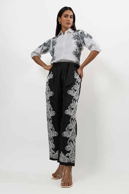 Shop_Linera_White Linen Embroidery Collared Shirt And Pant Set _Online_at_Aza_Fashions