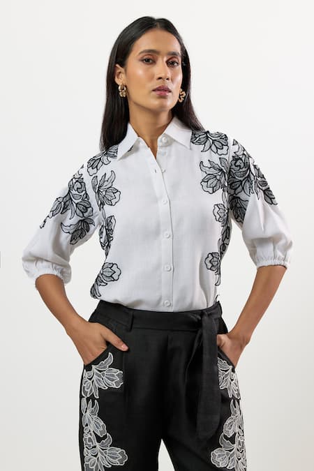 Linera_White Linen Embroidery Collared Shirt And Pant Set _at_Aza_Fashions