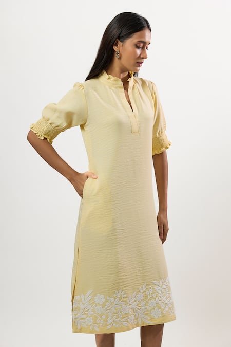 Linera_Yellow Linen, Cotton Embroidery Split V-neck, Mandarin Collar Cording Dress _Online_at_Aza_Fashions